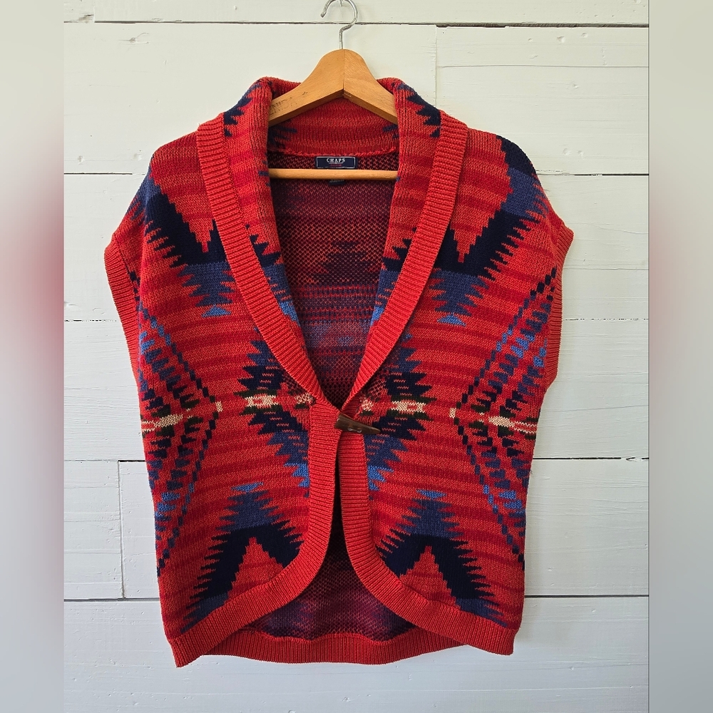 Chaps Denim Aztec Shawl Collar Single Button Cardigan Sweater ~Womens Size L